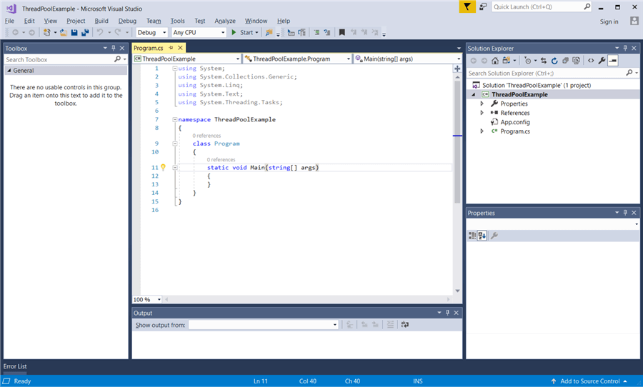 Workspace in Visual Studio for our newly created .NET Console App.