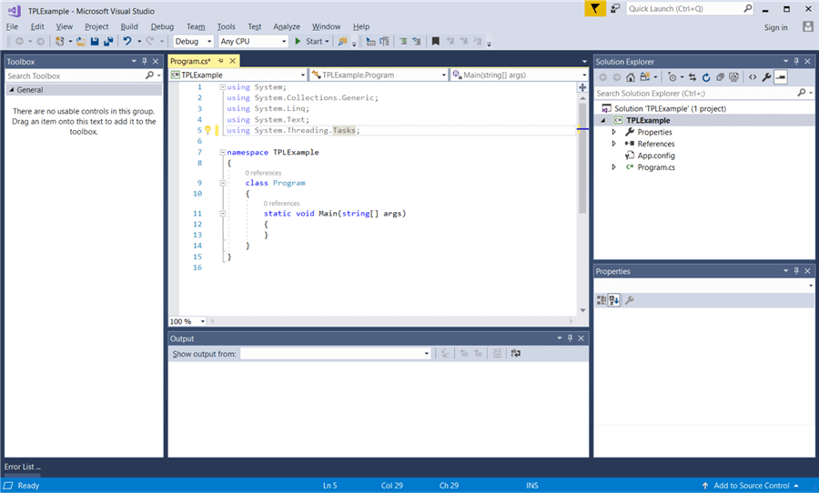 .NET Console App workspace in Visual Studio.