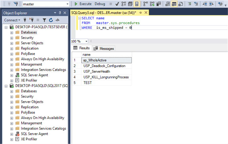 Getting a user defined procedure list from master database in source server