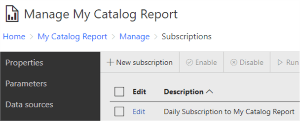 The SSRS GUI shows a single subscription created against the report "My Catalog Report"