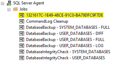 A screenshot of the SQL Server Agent job list in SSMS shows a job with a GUID for a name.