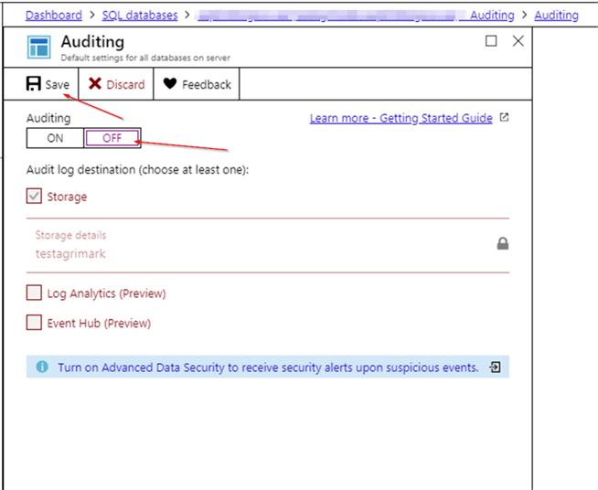 Turn off Auditing in Azure.
