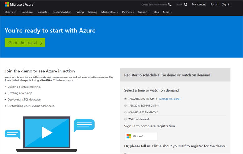 Page that takes you to the Azure ML dashboard