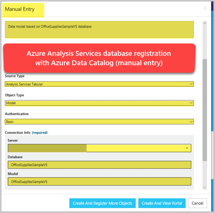 Azure Analysis Services database registration with Azure Data Catalog (manual entry)