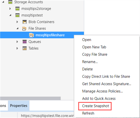 create snapshot in Azure Storage Explorer