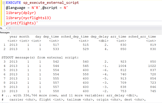 flights data using print() function in SQL Server 2017 and R.