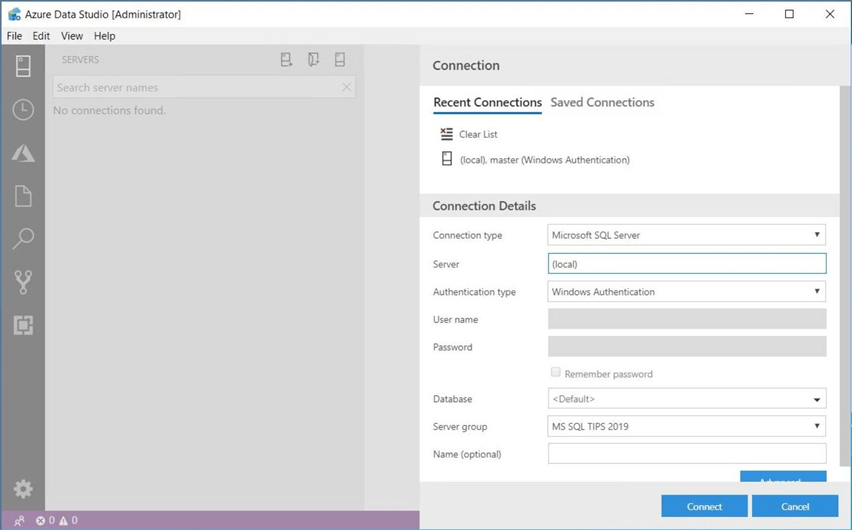 Azure Data Studio - Install Program - Recent Connections - Use the recent connections pane to select an entry.