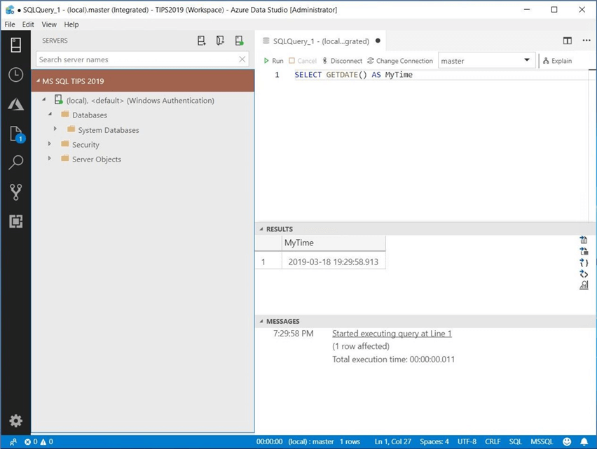 Azure Data Studio - Install Program - Query Window - The query window can be executed from an active connection.