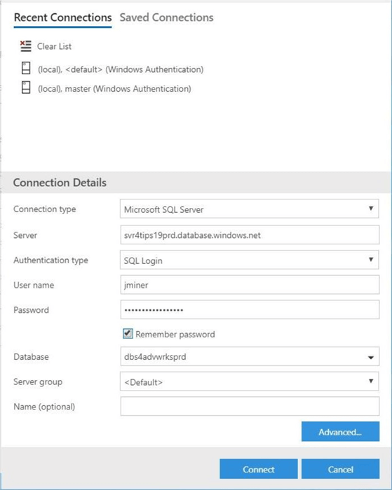 Azure Data Studio - Install Program - Enter Connection Details - We are using standard security to connect to the user database.