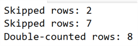 The output quickly showed multiple cases where rows were either skipped or double-counted.