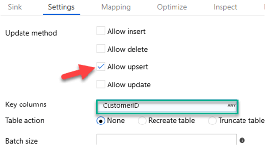 Step to configure Upsert settings in sink.