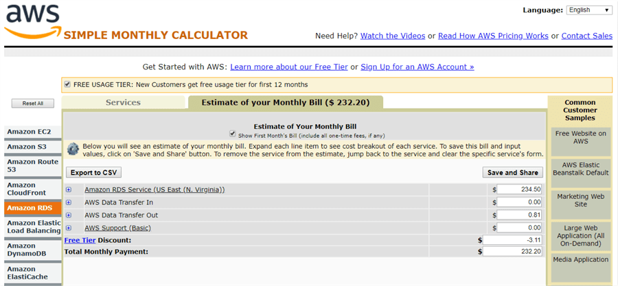 AWS RDS - Simple Monthly Calculator Cost Estimates