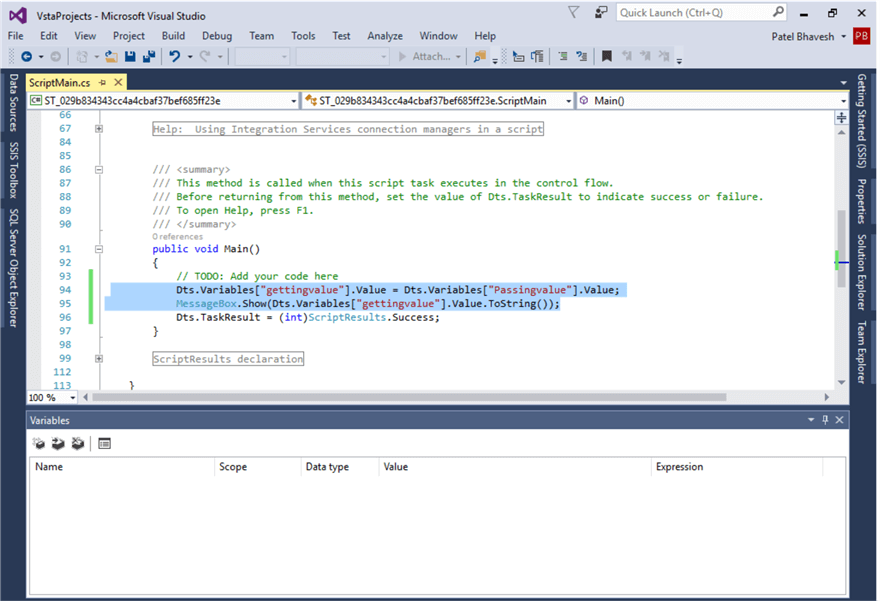 In C#, I wrote the script to mapping variable value. in second line i have added code for display value in messagebox.