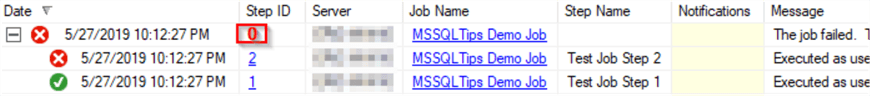 This is a SSMS job history screenshot from the demo job above.  It show 3 rows.  One each for steps 1 and 2.  A third row has no step ID value in the screenshot.  This is the 0 row in the table.