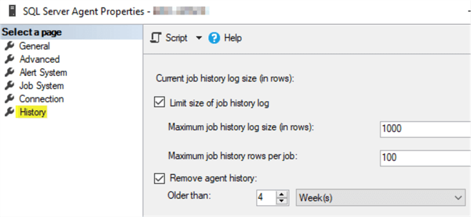 This screenshot shows the SQL Server Agent properties window with the History page up.  This page allows the user to set a limit on rows kept for the job history log.