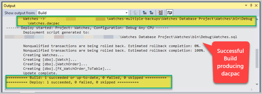 SQL Database Project has been built successfully after making changes.