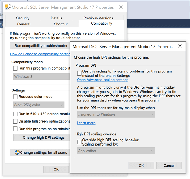Compatibility settings dialog for the SSMS v17 shortcut