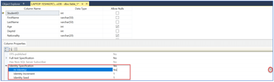 Enabling Identity on one of the colums in SQL Server Management Studio (SSMS) Table Designer.