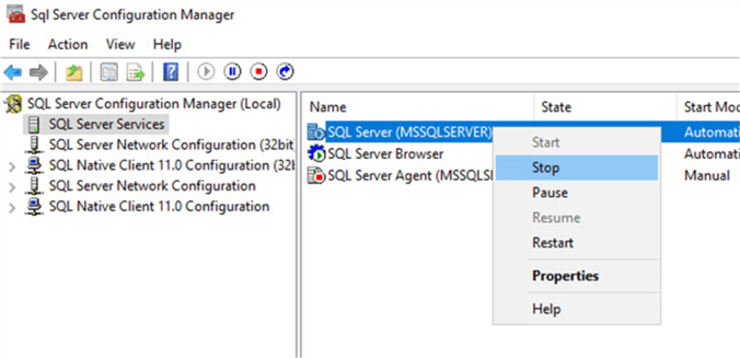 Stopping the default SQL Server instance.