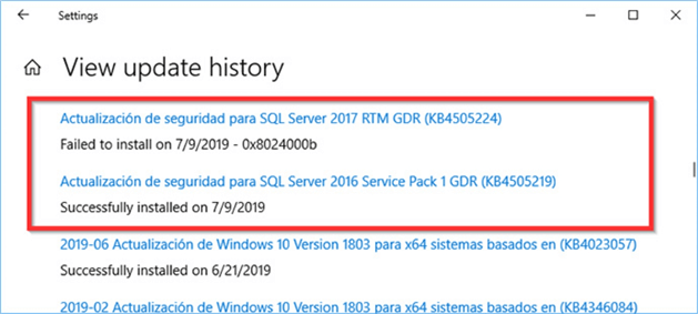 Update history shows two SQL Server updates one after another.