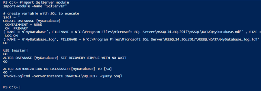 create database with SQL in a PowerShell variable using Invoke-SqlCmd