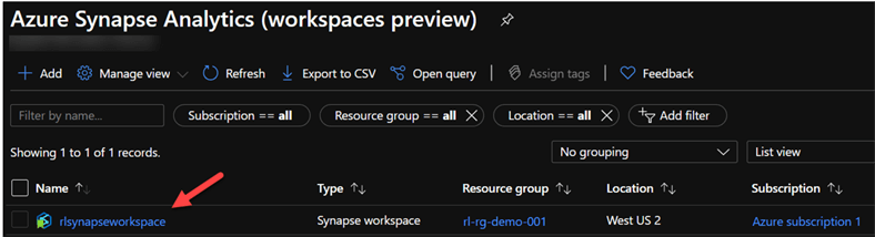 SynapseWorkspaceDeployed Image of Synapse Workspace deployed in portal