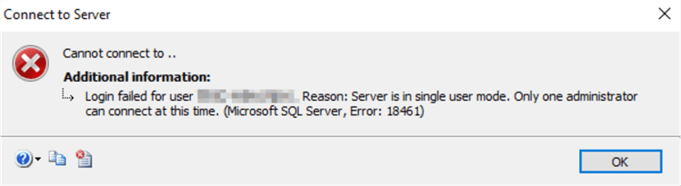 error message login failed reason server is in single user mode