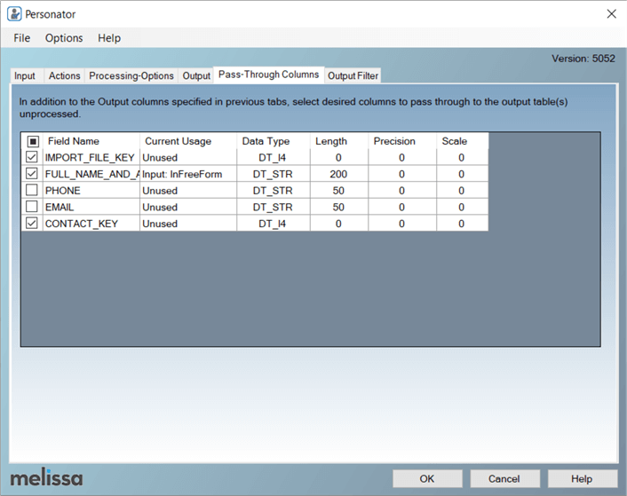 Configure the Personator SSIS component Pass-Through Columns tab