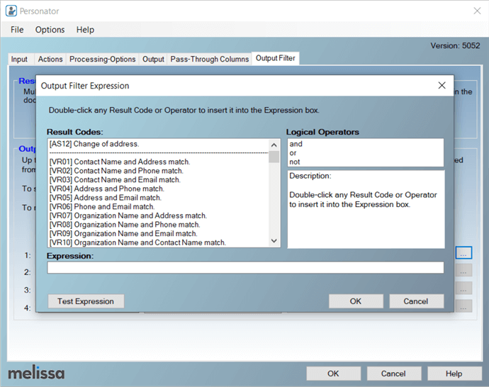 Configure the Personator SSIS component Output Filter tab