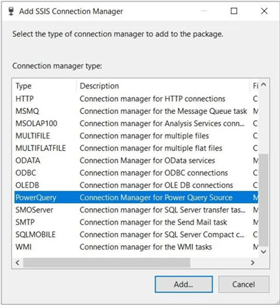 Power Query Source - Various connection managers in SSIS.