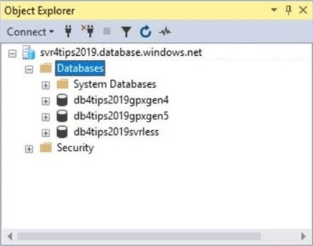 General Purpose - SSMS Object explorer with the logical server and three databases.