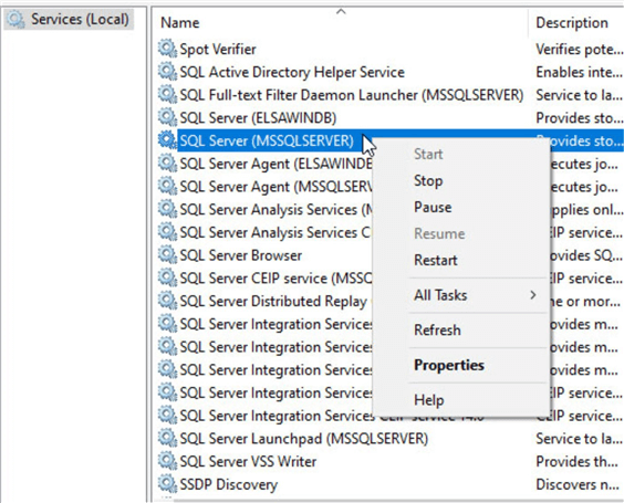 Using Service Manager to Start or Stop SQL Server related services.