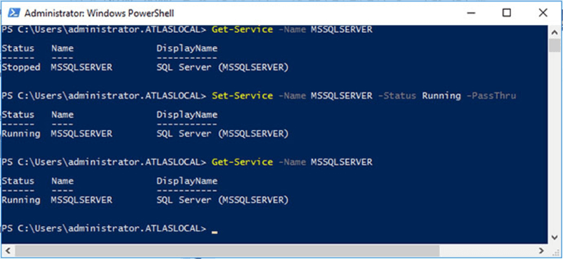 Obtaining SQL Server default instance status and starting it up using PowerShell.