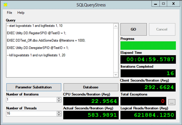 An example of running test 1 from SQLQueryStress.