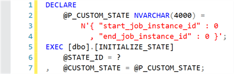 Sample execution of INITIALIZE_STATE stored procedure.