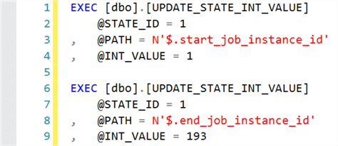 Sample execution of UPDATE_STATE_INT_VALUE stored procedure.