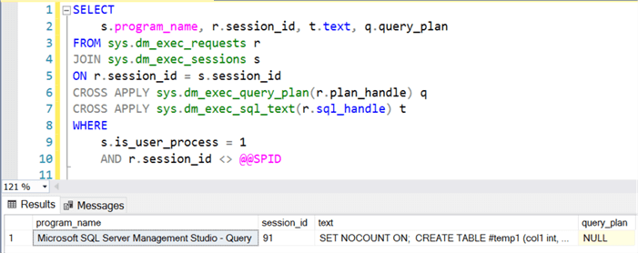 Query using sys.dm_exec_query_plan The query_plan output will be NULL since the second SELECT statement is not compiled by SQL Server