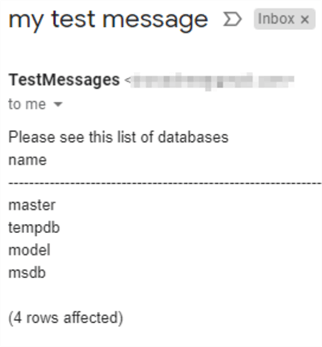This screenshot shows an email in an inbox with the message "Please see this list of databases followed by a plain text output of the query.