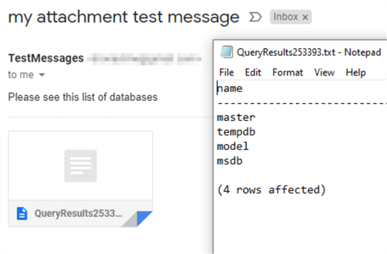 This screenshot shows an incoming email with an attachment named "QueryResults253393.txt".  The content of that attachment is the same plain text output as the previous message body.