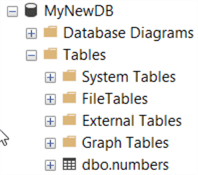 This screenshot shows the numbers table as an object in object explorer of the newly created database.