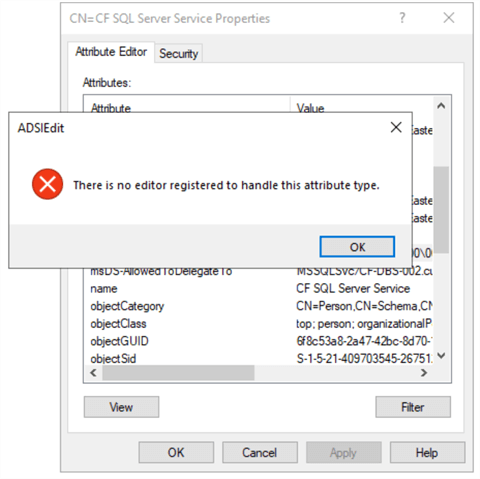 ADSI Edit error when an attempt is made to open the setting because the data type for RBKCD entries is NT Security Descriptor.