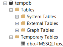 This SSMS screenshot shows that the temporary table #MSSQLTips is stored in TempDB in a subtree called "Temporary Tables"