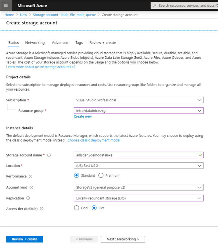 Shows the form for creating a new storage account