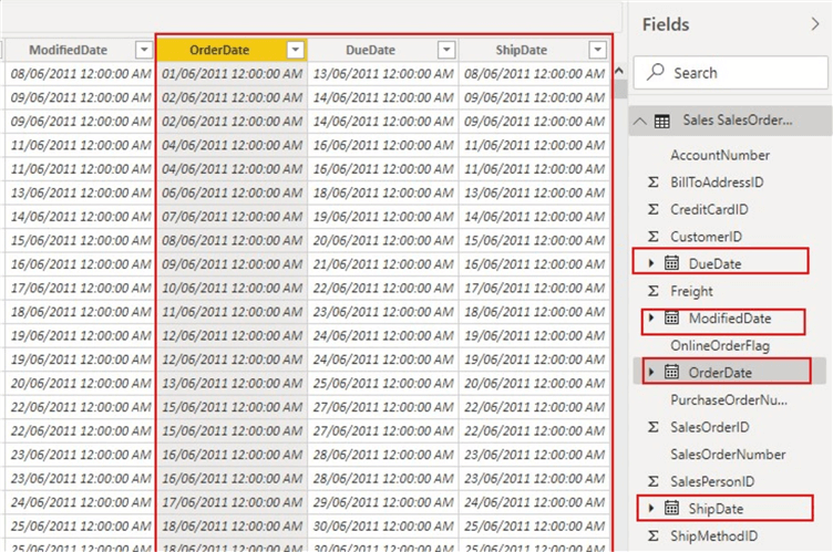 Snapshot to show dates columns on table