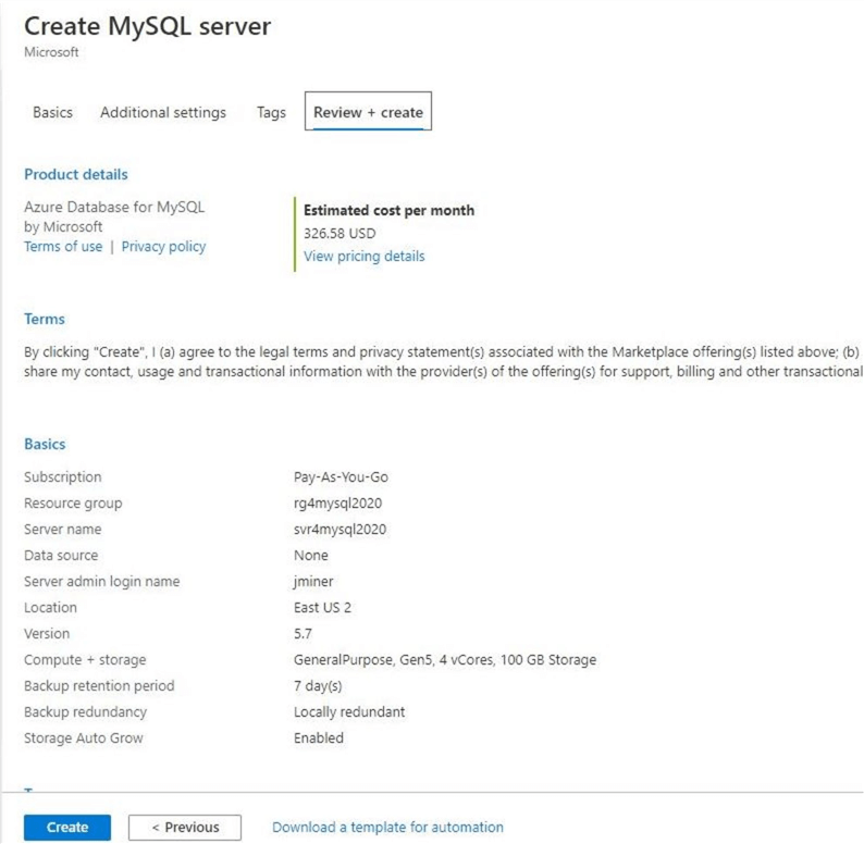 Azure Database for MySQL - Reviewing chosen settings before creation.