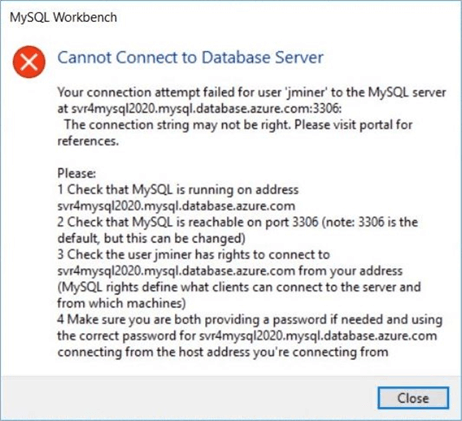 Azure Database for MySQL - Failed attempt due to firewall of service.