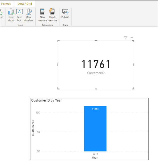 Screenshot showing card visual and Column visual of total number of rows after filtering