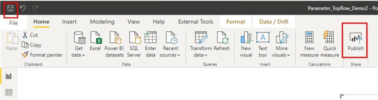 Screenshot showing how to save and publish the report or dataset to Power BI service