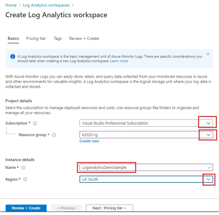 Snapshot showing how to enter parameters to create a new Log Analytics workspace