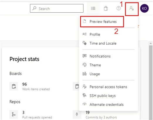 Screenshot on how to navigate to Azure DevOps Preview features